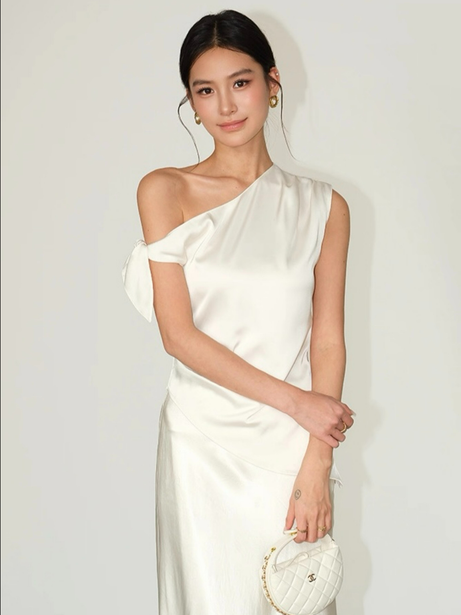 Francine One Shoulder Knot Tie Satin Top