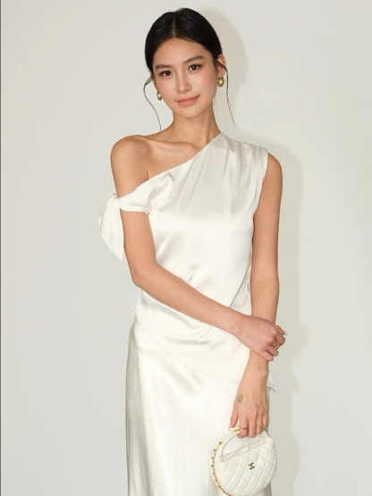Francine One Shoulder Knot Tie Satin Top