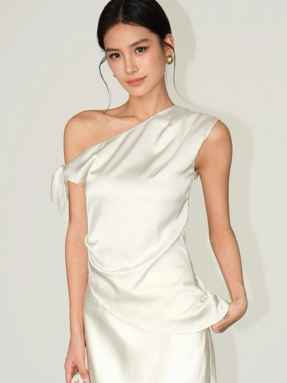 Francine One Shoulder Knot Tie Satin Top