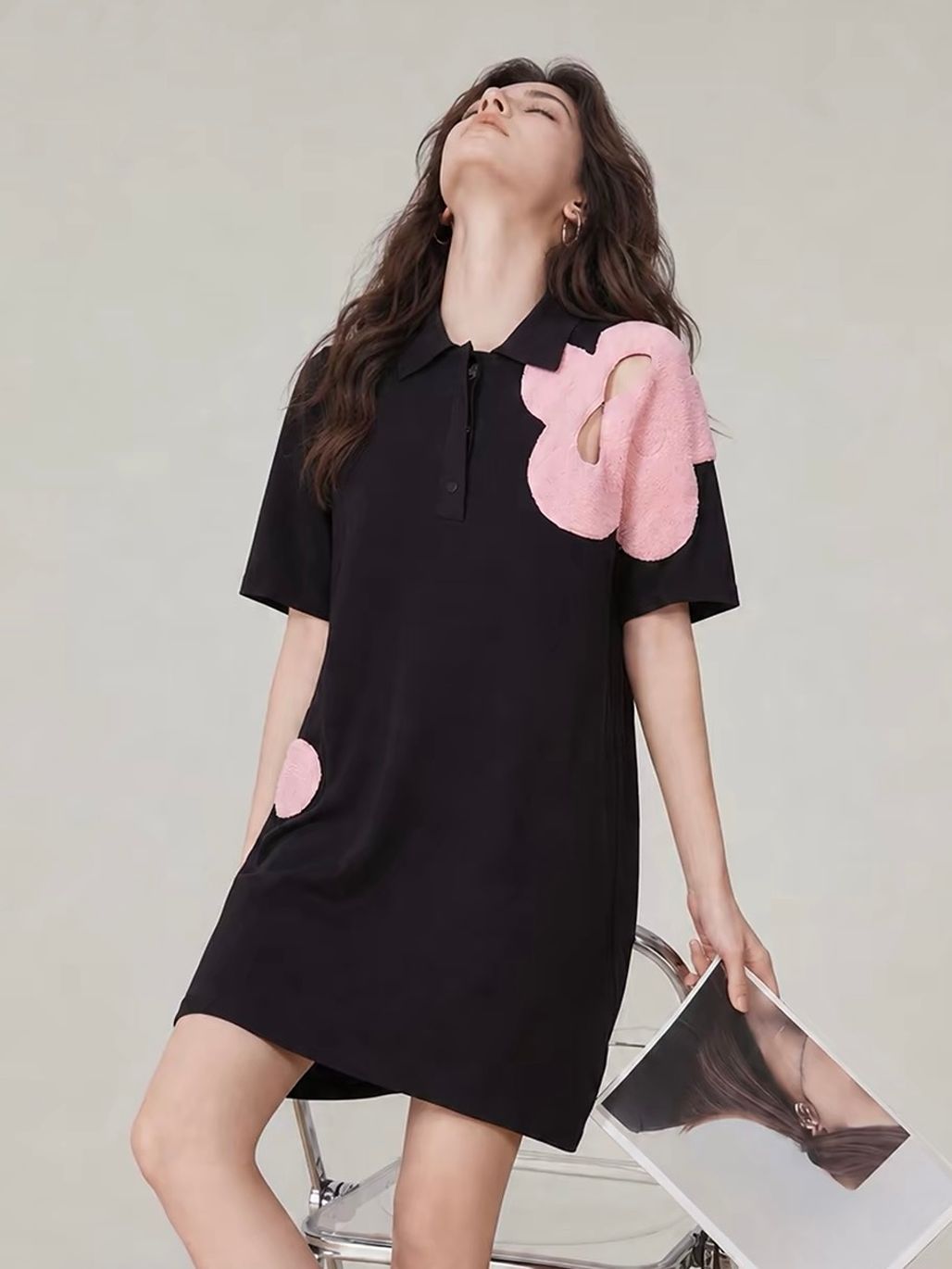 Jian Bin Oversized Floral-Appliqué Polo Dress