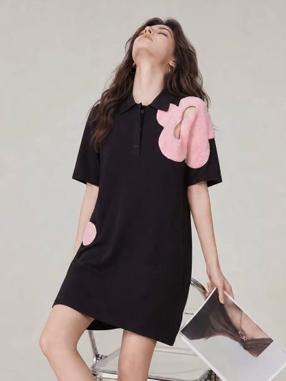 Jian Bin Oversized Floral-Appliqué Polo Dress