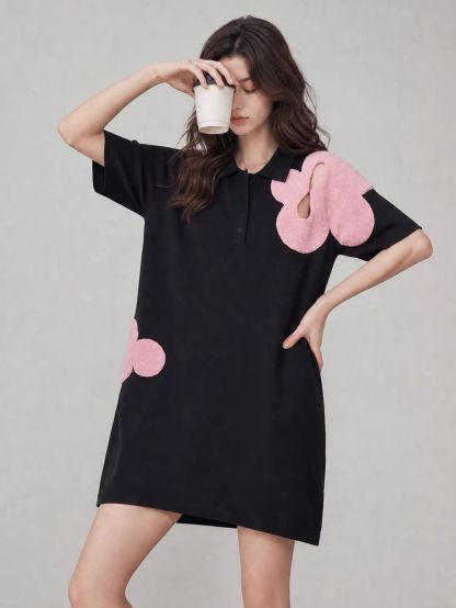 Jian Bin Oversized Floral-Appliqué Polo Dress