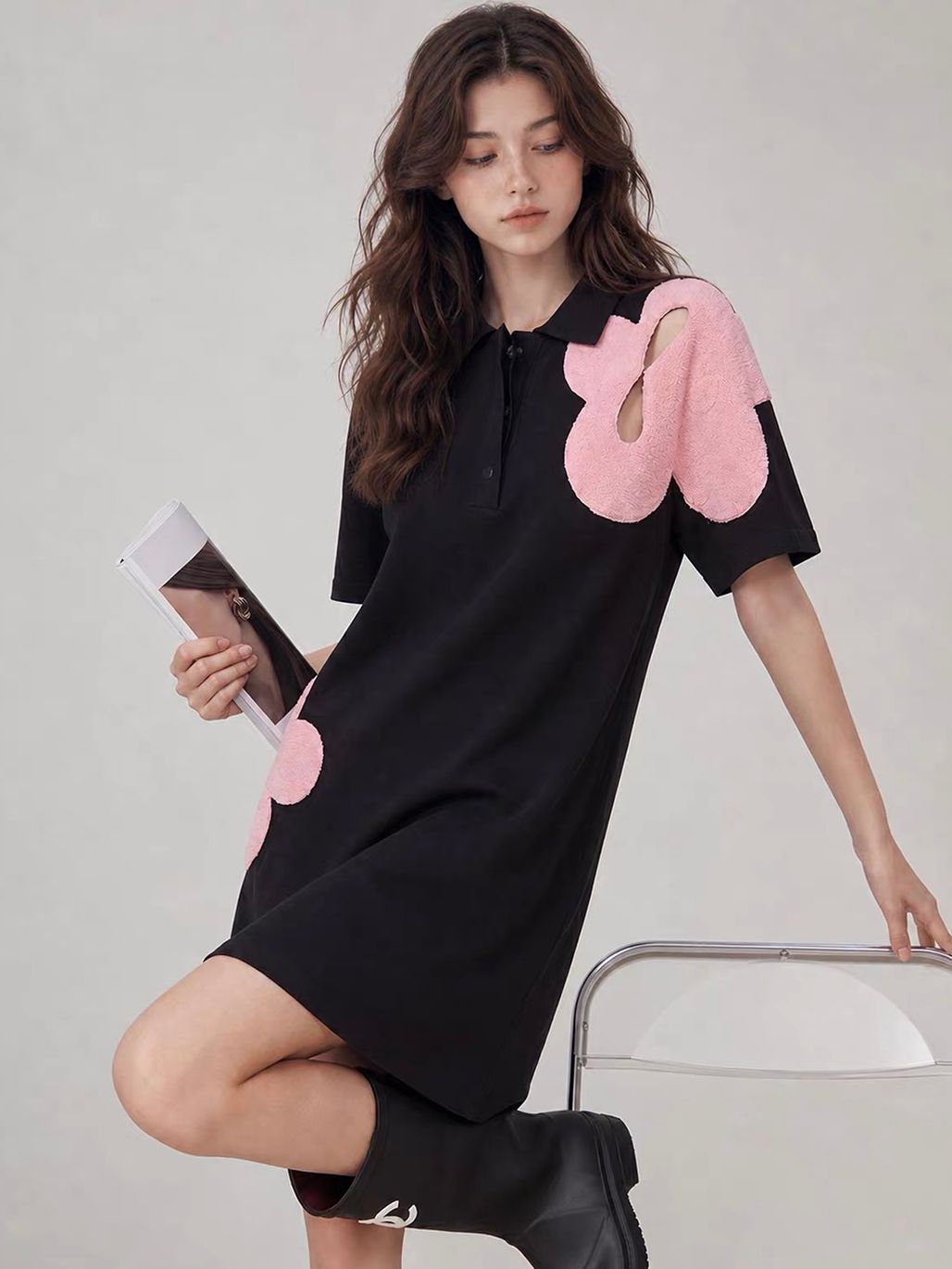 Jian Bin Oversized Floral-Appliqué Polo Dress