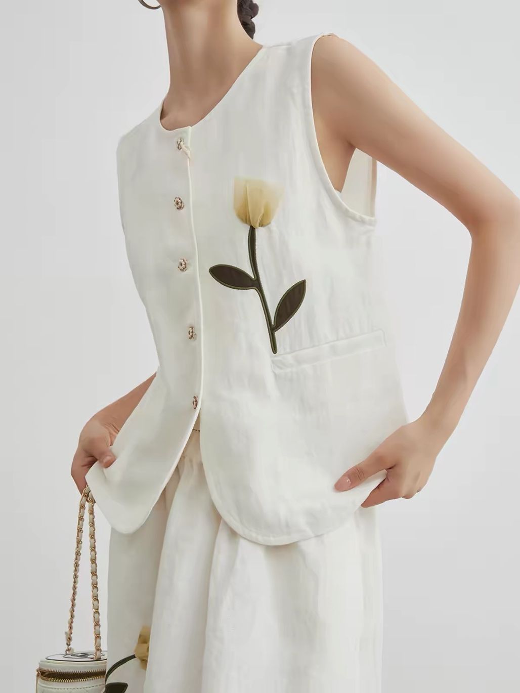 Jian Ba Tulip-Embroidered Linen Vest & Skirt Set (Sold Seperately)
