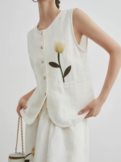 Jian Ba Tulip-Embroidered Linen Vest & Skirt Set (Sold Seperately)
