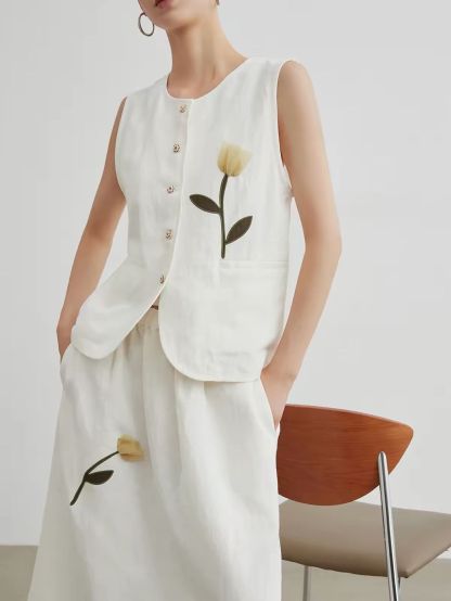 Jian Ba Tulip-Embroidered Linen Vest & Skirt Set (Sold Seperately)