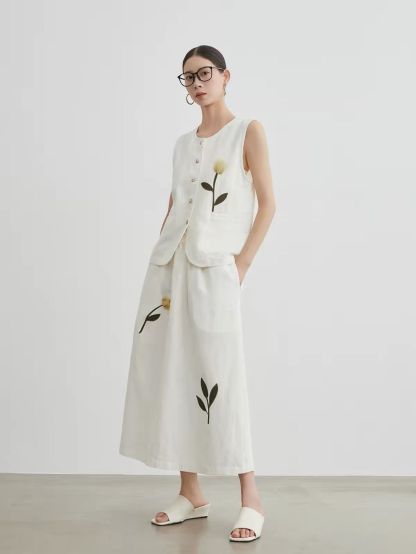 Jian Ba Tulip-Embroidered Linen Vest & Skirt Set (Sold Seperately)