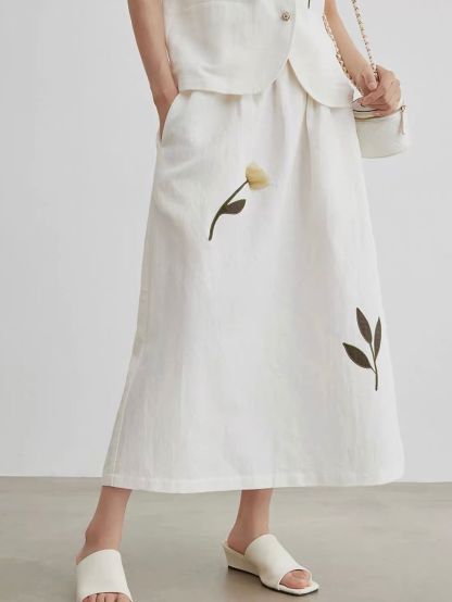 Jian Ba Tulip-Embroidered Linen Vest & Skirt Set (Sold Seperately)