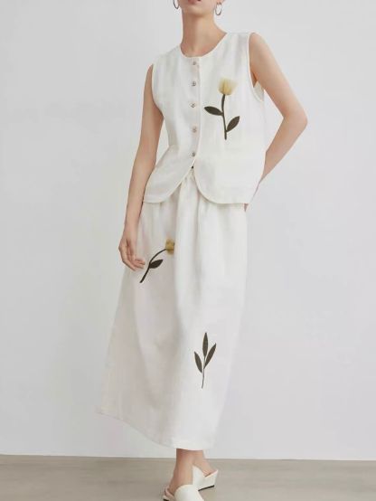 Jian Ba Tulip-Embroidered Linen Vest & Skirt Set (Sold Seperately)