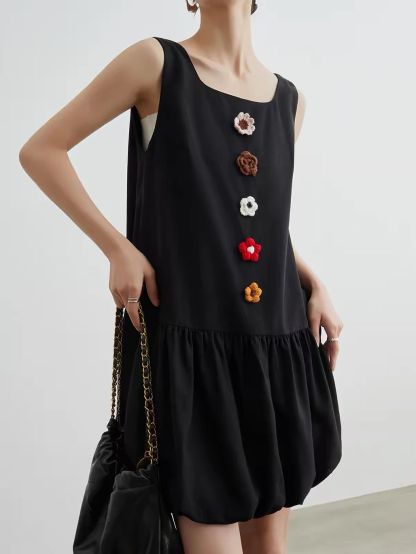 Jian Che Crochet Floral-Appliqué Bubble-Hem Mini Dress