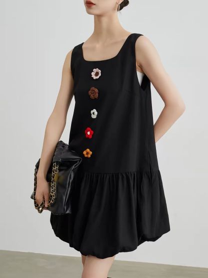 Jian Che Crochet Floral-Appliqué Bubble-Hem Mini Dress
