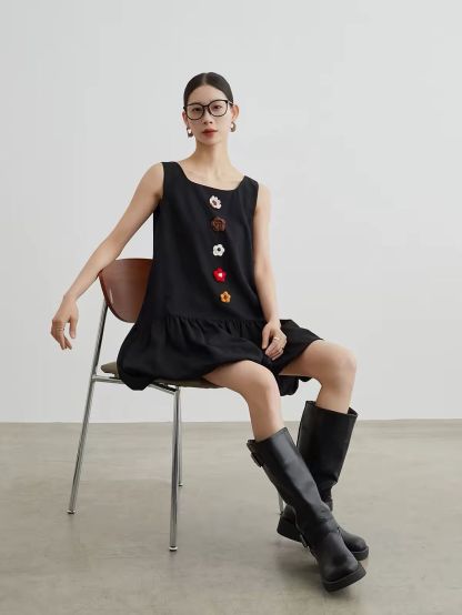 Jian Che Crochet Floral-Appliqué Bubble-Hem Mini Dress