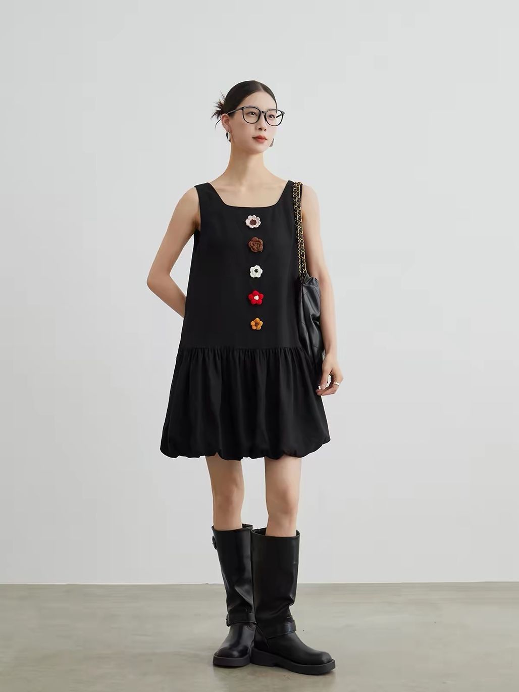 Jian Che Crochet Floral-Appliqué Bubble-Hem Mini Dress