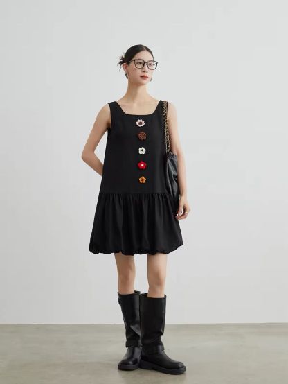 Jian Che Crochet Floral-Appliqué Bubble-Hem Mini Dress
