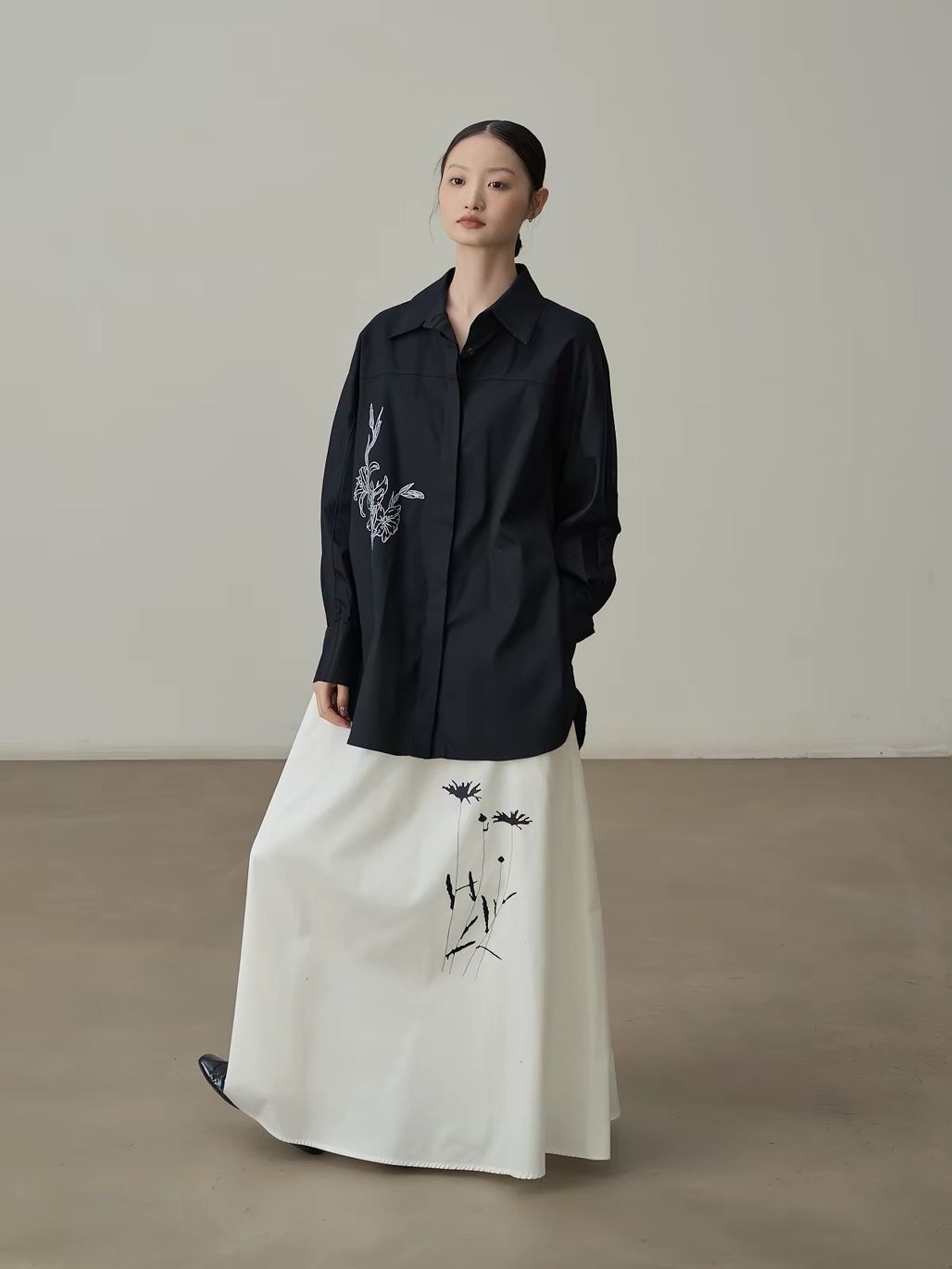 Jian Cheng Botanical Printing Shirt & A-Line Maxi Skirt (Sold Seperately)