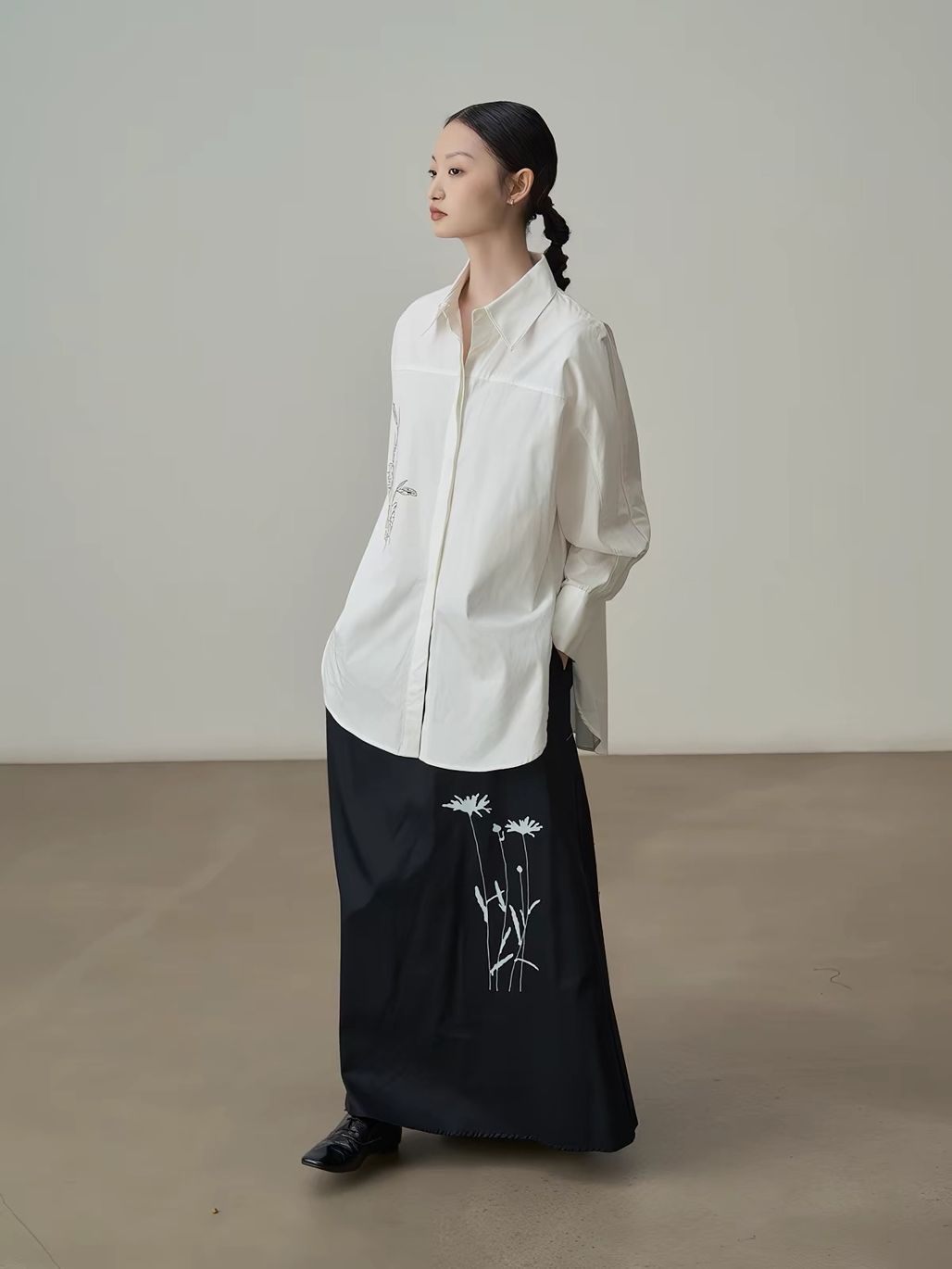 Jian Cheng Botanical Printing Shirt & A-Line Maxi Skirt (Sold Seperately)