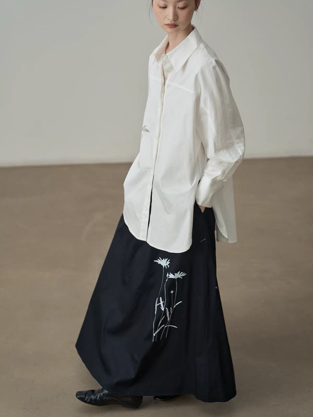 Jian Cheng Botanical Printing Shirt & A-Line Maxi Skirt (Sold Seperately)