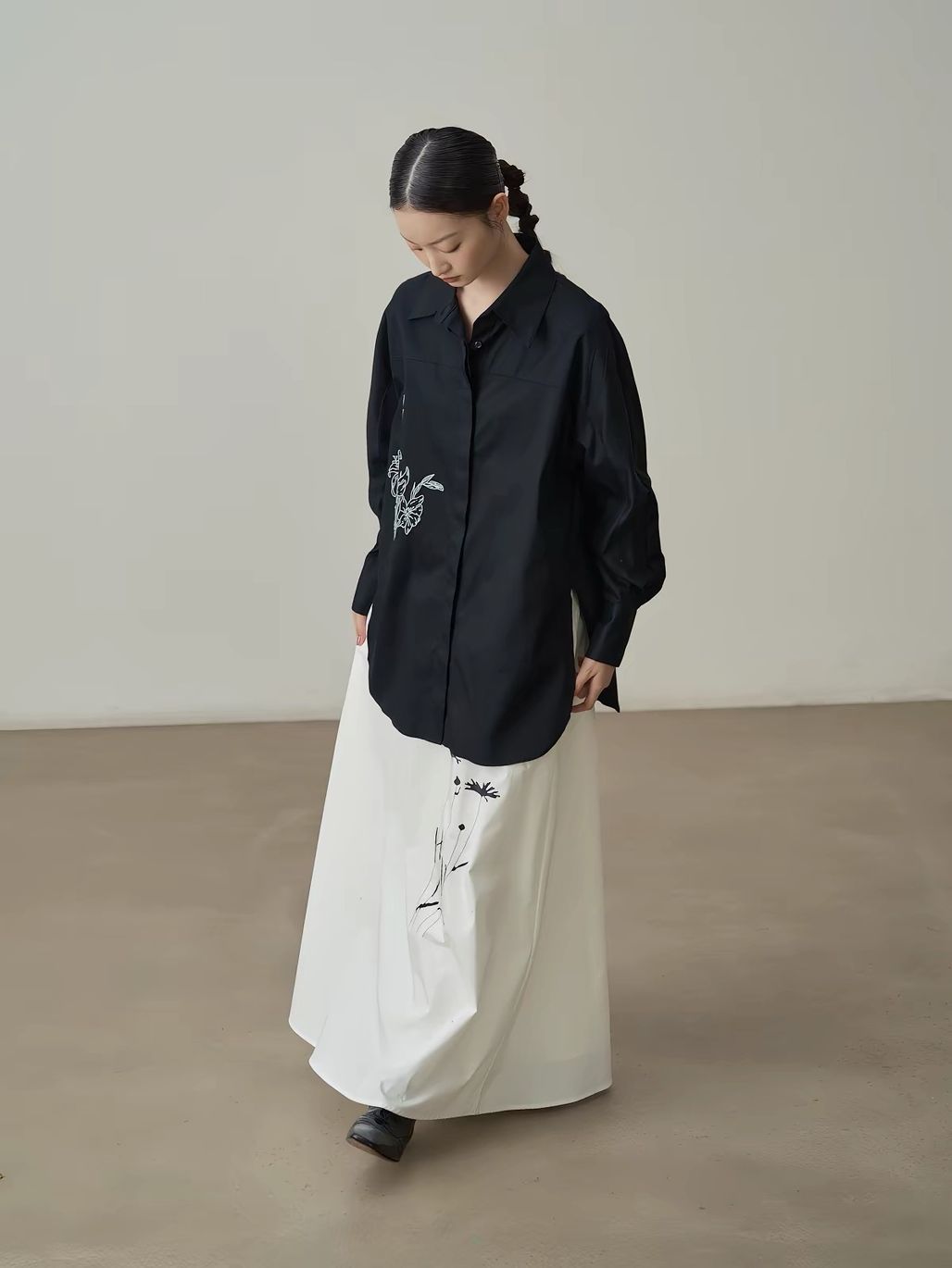 Jian Cheng Botanical Printing Shirt & A-Line Maxi Skirt (Sold Seperately)
