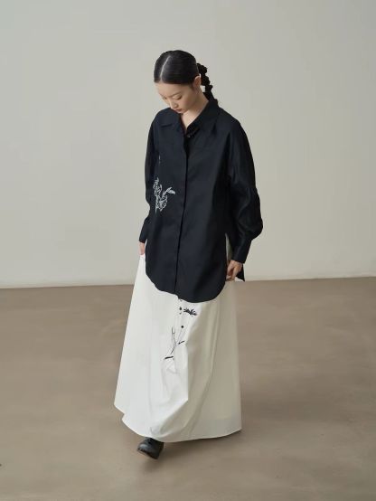 Jian Cheng Botanical Printing Shirt & A-Line Maxi Skirt (Sold Seperately)