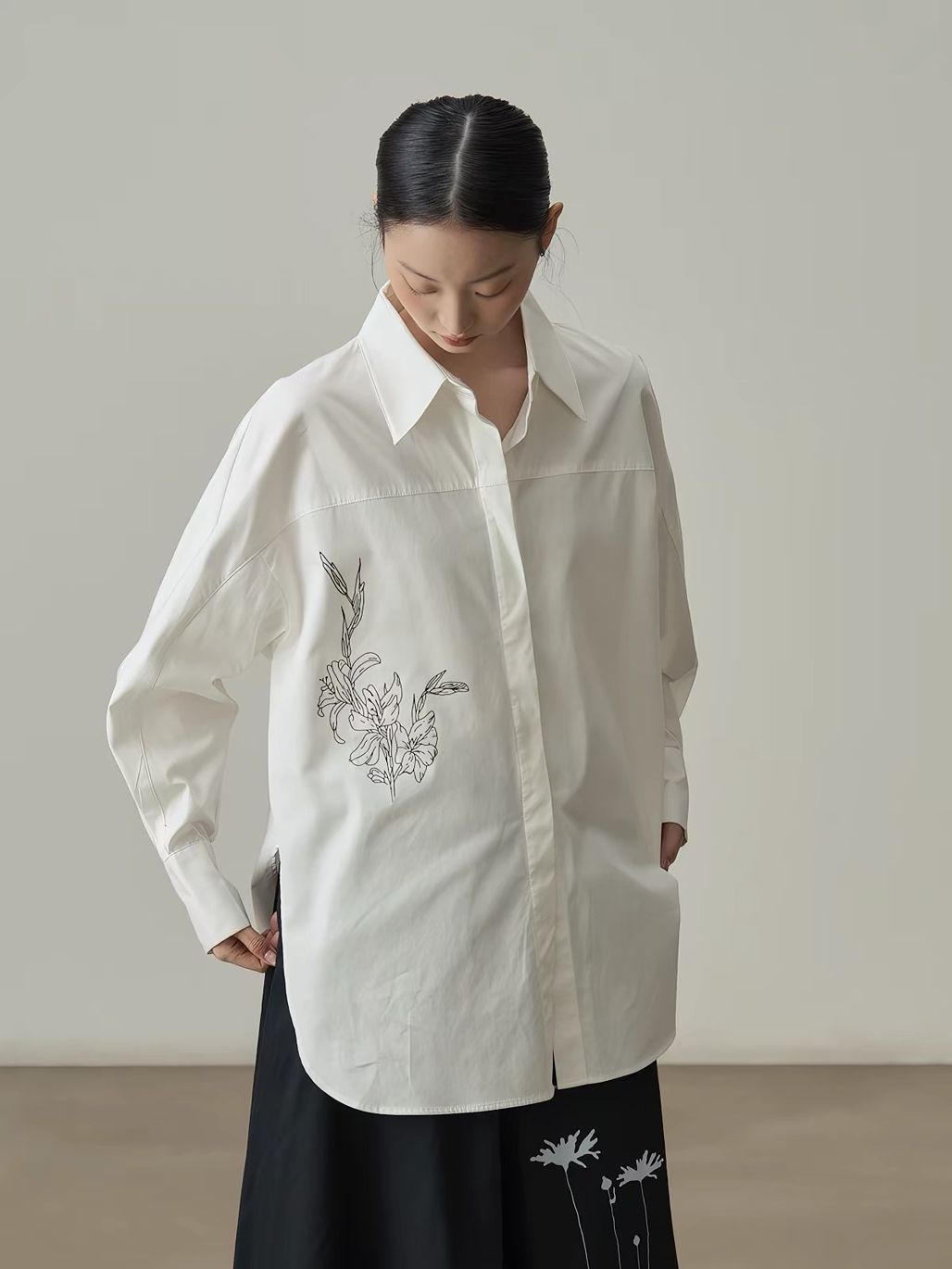 Jian Cheng Botanical Printing Shirt & A-Line Maxi Skirt (Sold Seperately)
