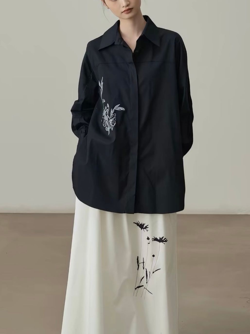 Jian Cheng Botanical Printing Shirt & A-Line Maxi Skirt (Sold Seperately)