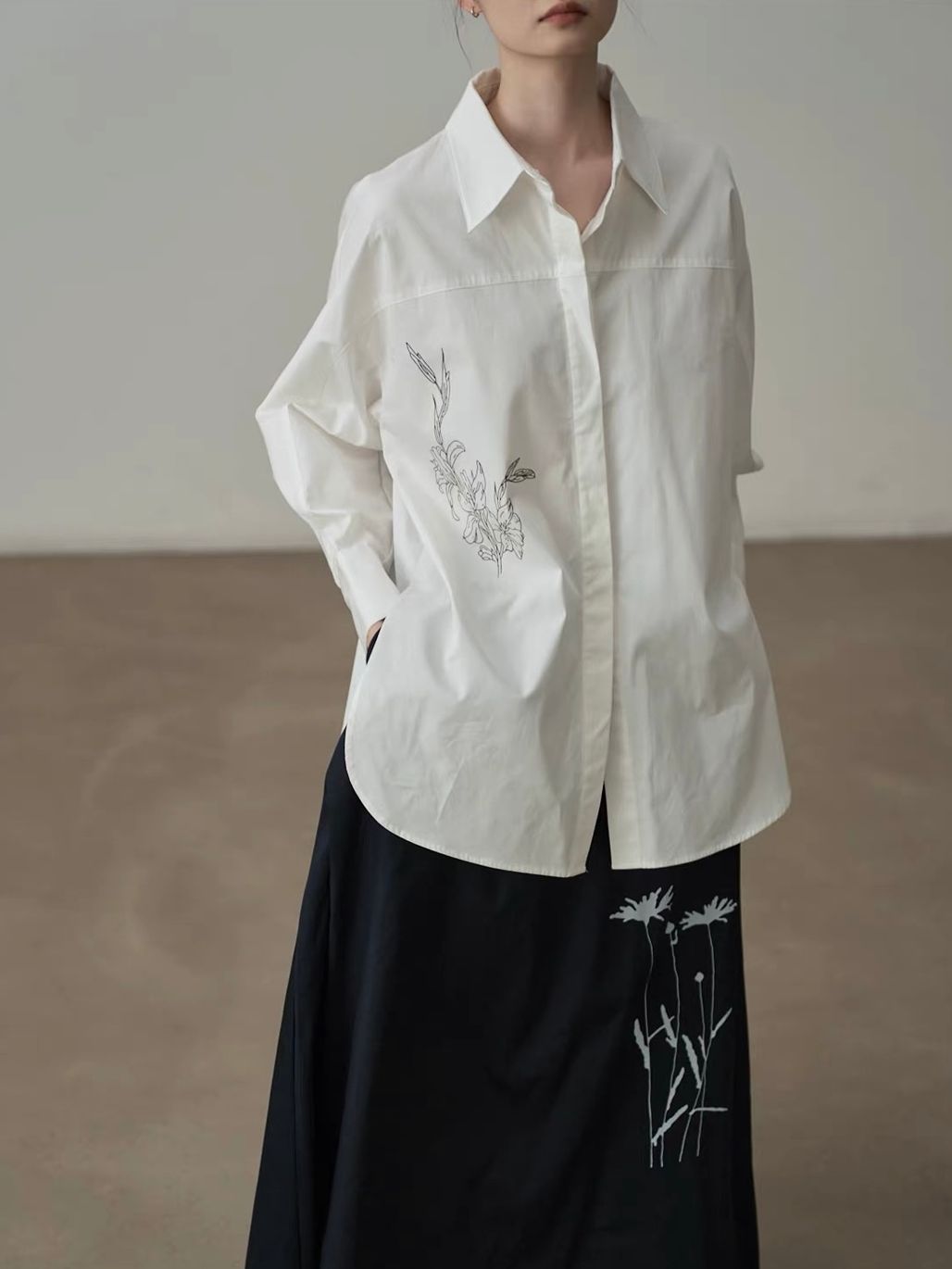 Jian Cheng Botanical Printing Shirt & A-Line Maxi Skirt (Sold Seperately)
