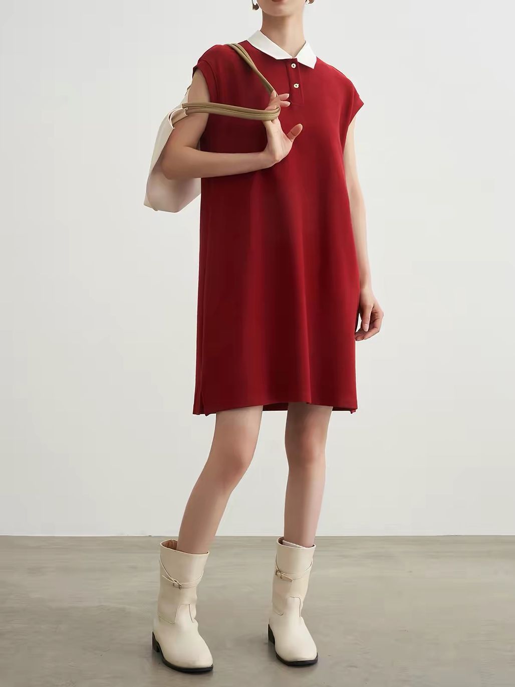 Ai An Contrast-Collar Knit Polo Shift Dress