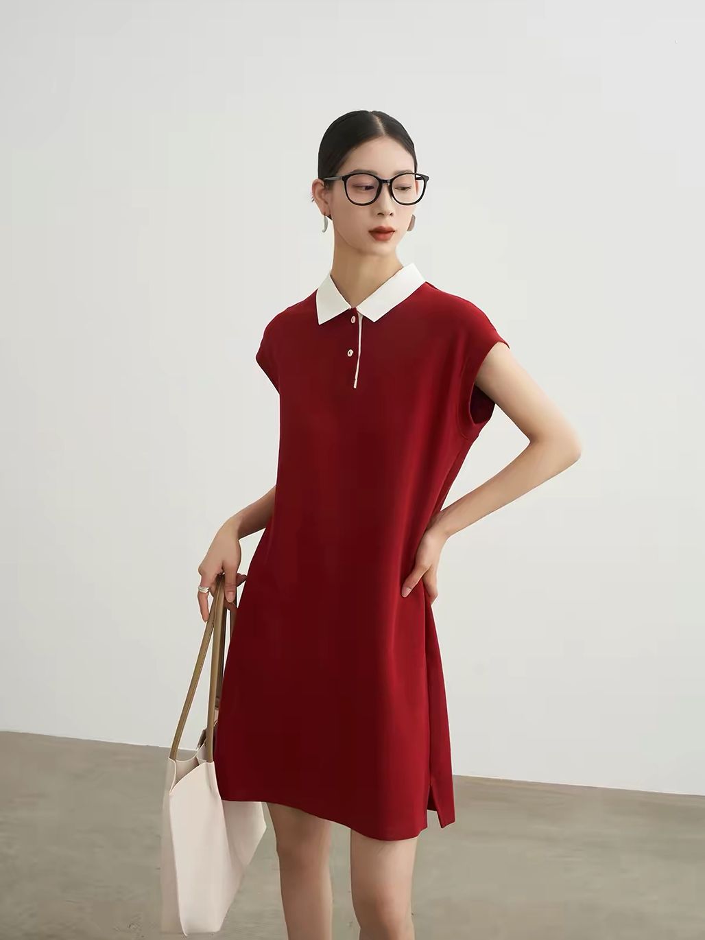 Ai An Contrast-Collar Knit Polo Shift Dress