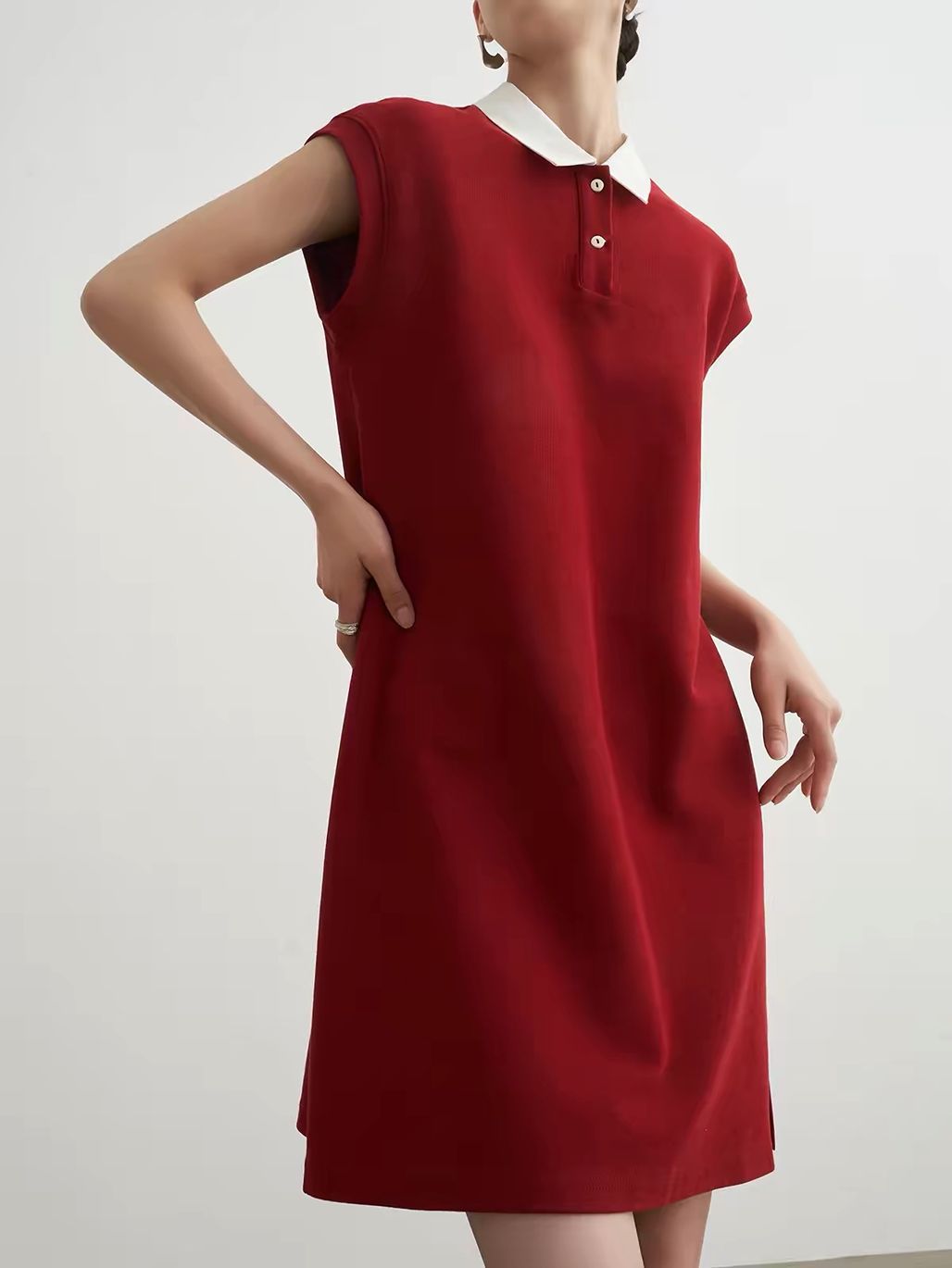 Ai An Contrast-Collar Knit Polo Shift Dress