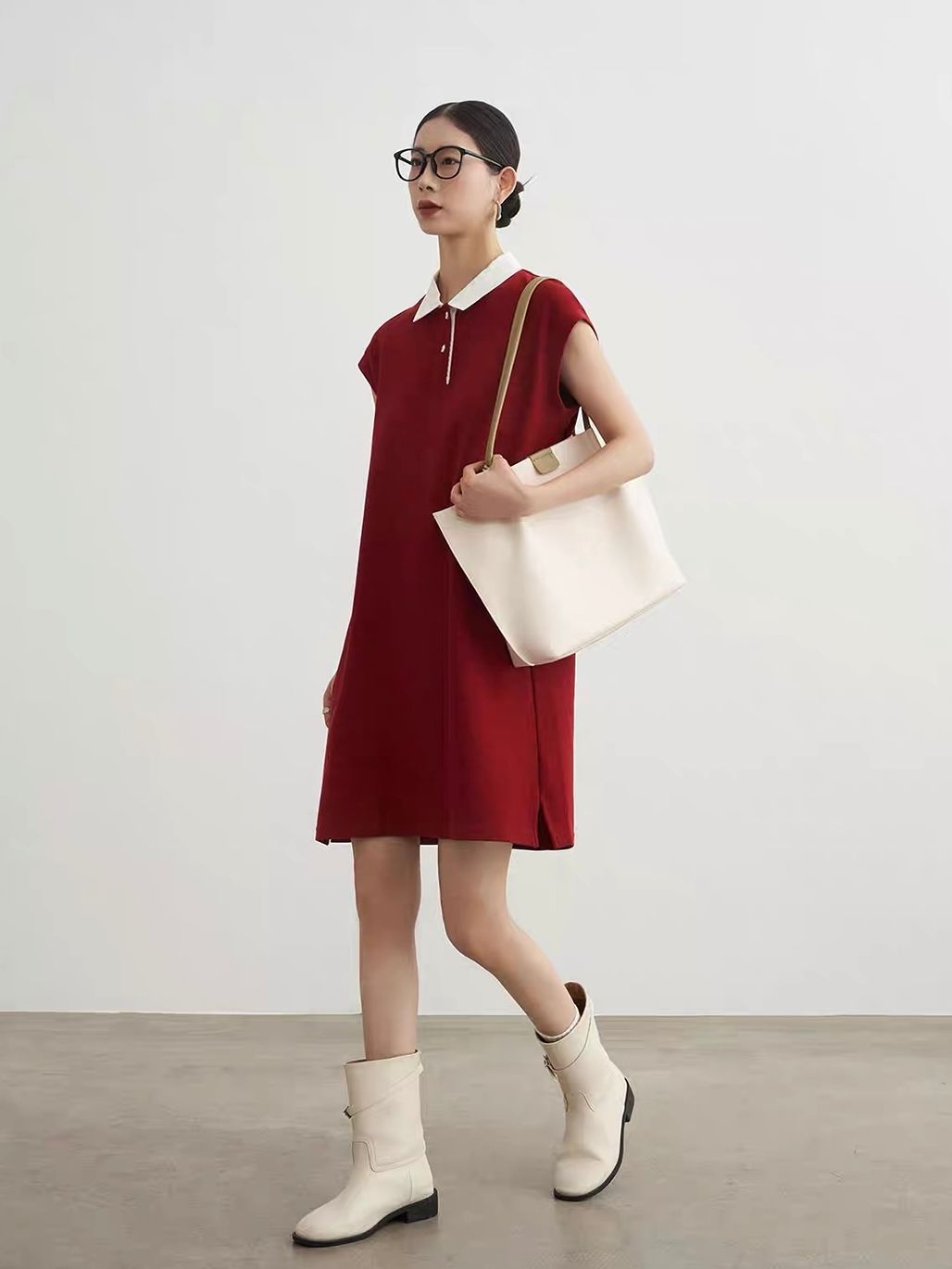 Ai An Contrast-Collar Knit Polo Shift Dress