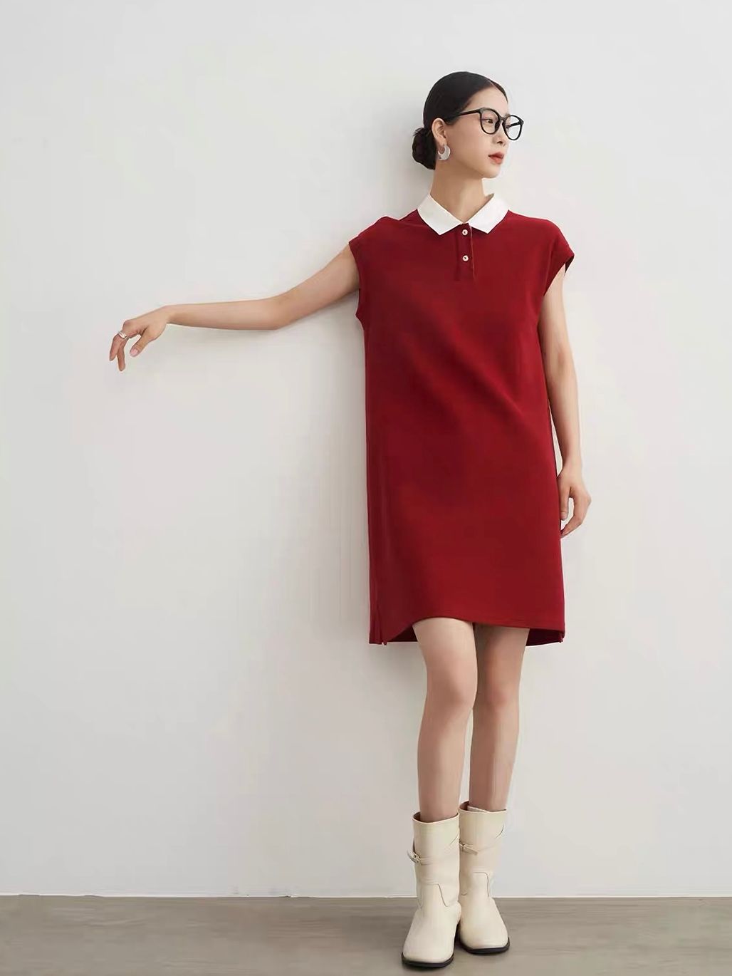 Ai An Contrast-Collar Knit Polo Shift Dress