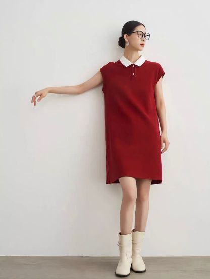 Ai An Contrast-Collar Knit Polo Shift Dress