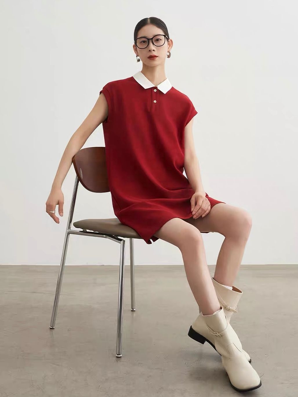 Ai An Contrast-Collar Knit Polo Shift Dress