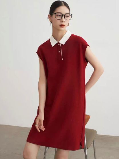 Ai An Contrast-Collar Knit Polo Shift Dress