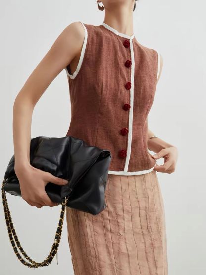 Ai Nian Contrast-Trim Mandarin Vest & Maxi Skirt Set (Sold Seperately)