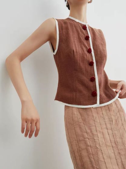 Ai Nian Contrast-Trim Mandarin Vest & Maxi Skirt Set (Sold Seperately)