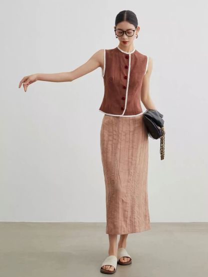 Ai Nian Contrast-Trim Mandarin Vest & Maxi Skirt Set (Sold Seperately)