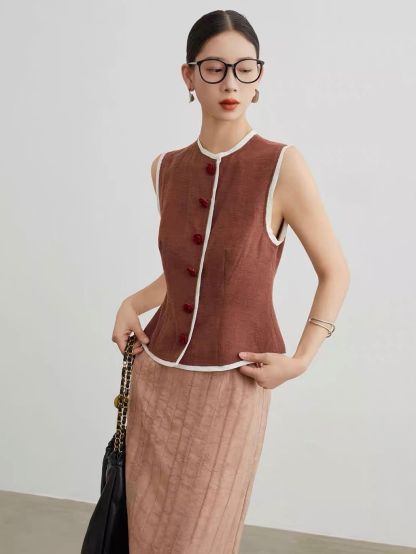 Ai Nian Contrast-Trim Mandarin Vest & Maxi Skirt Set (Sold Seperately)