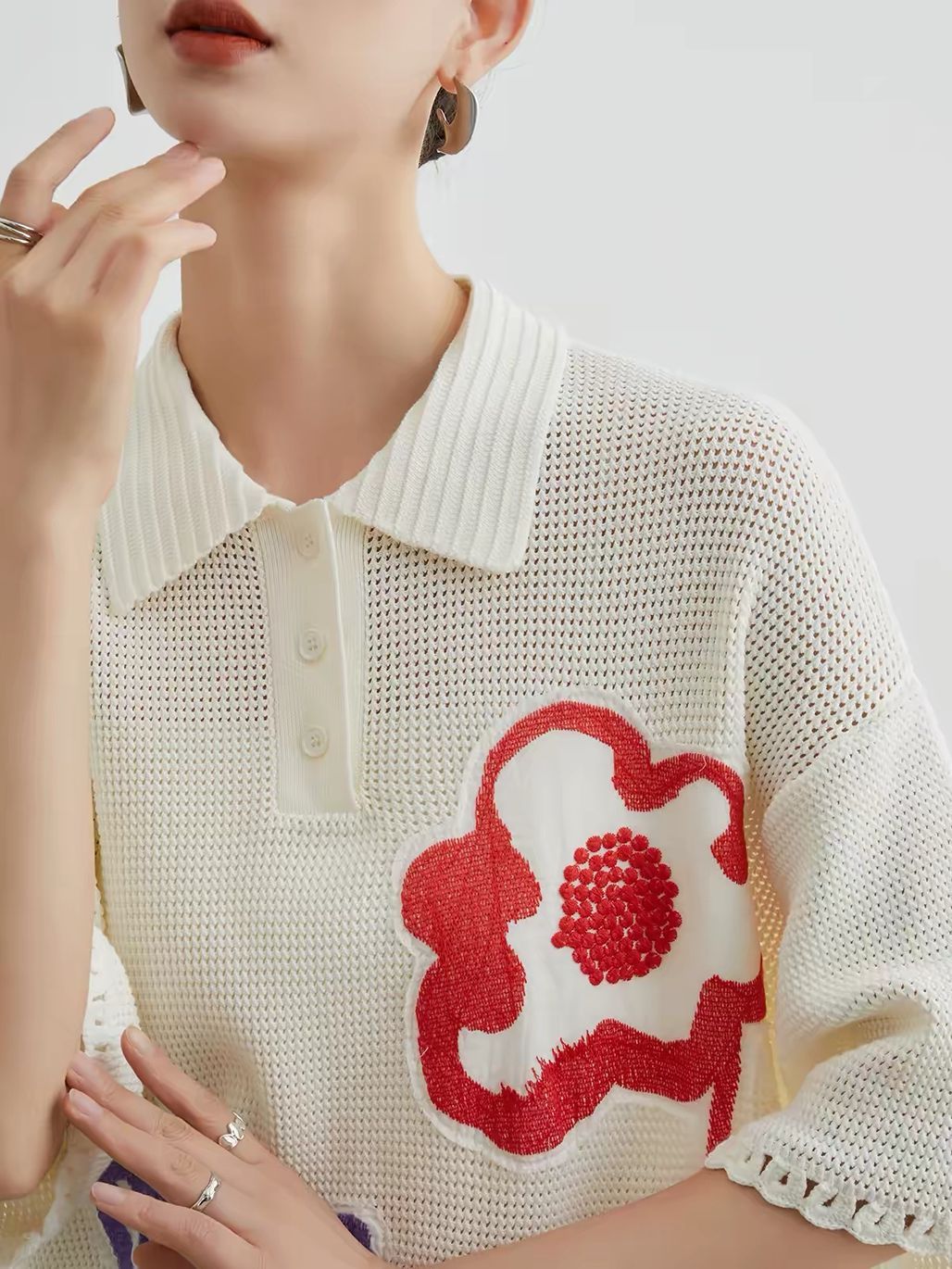 Ai Hua Floral Openwork Knit Polo Top