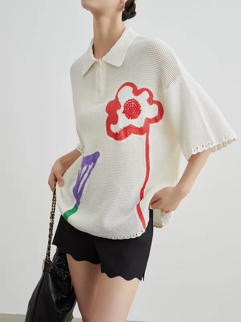 Ai Hua Floral Openwork Knit Polo Top