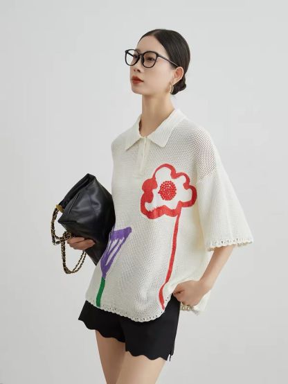 Ai Hua Floral Openwork Knit Polo Top