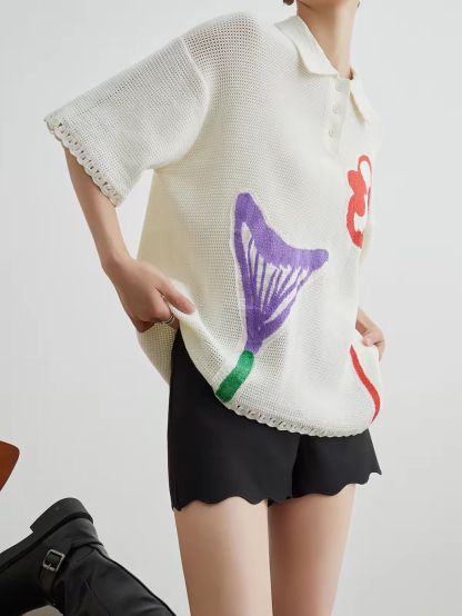 Ai Hua Floral Openwork Knit Polo Top
