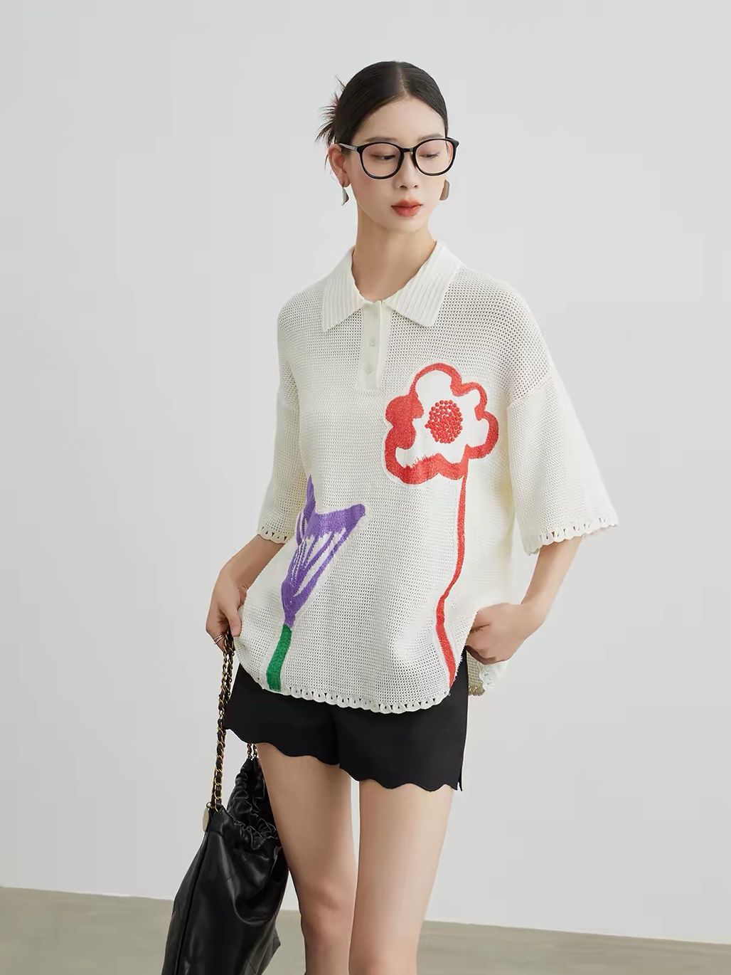 Ai Hua Floral Openwork Knit Polo Top