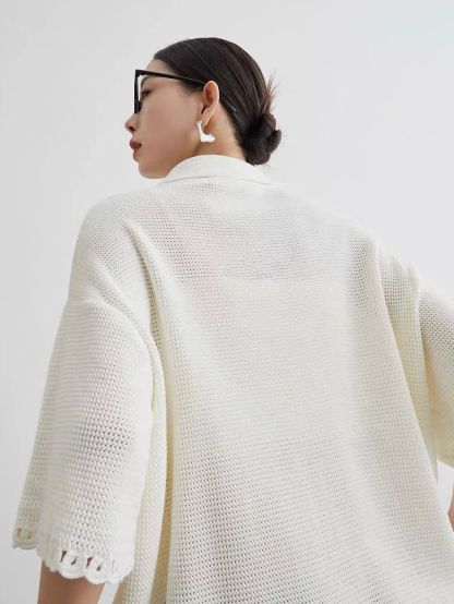 Ai Hua Floral Openwork Knit Polo Top