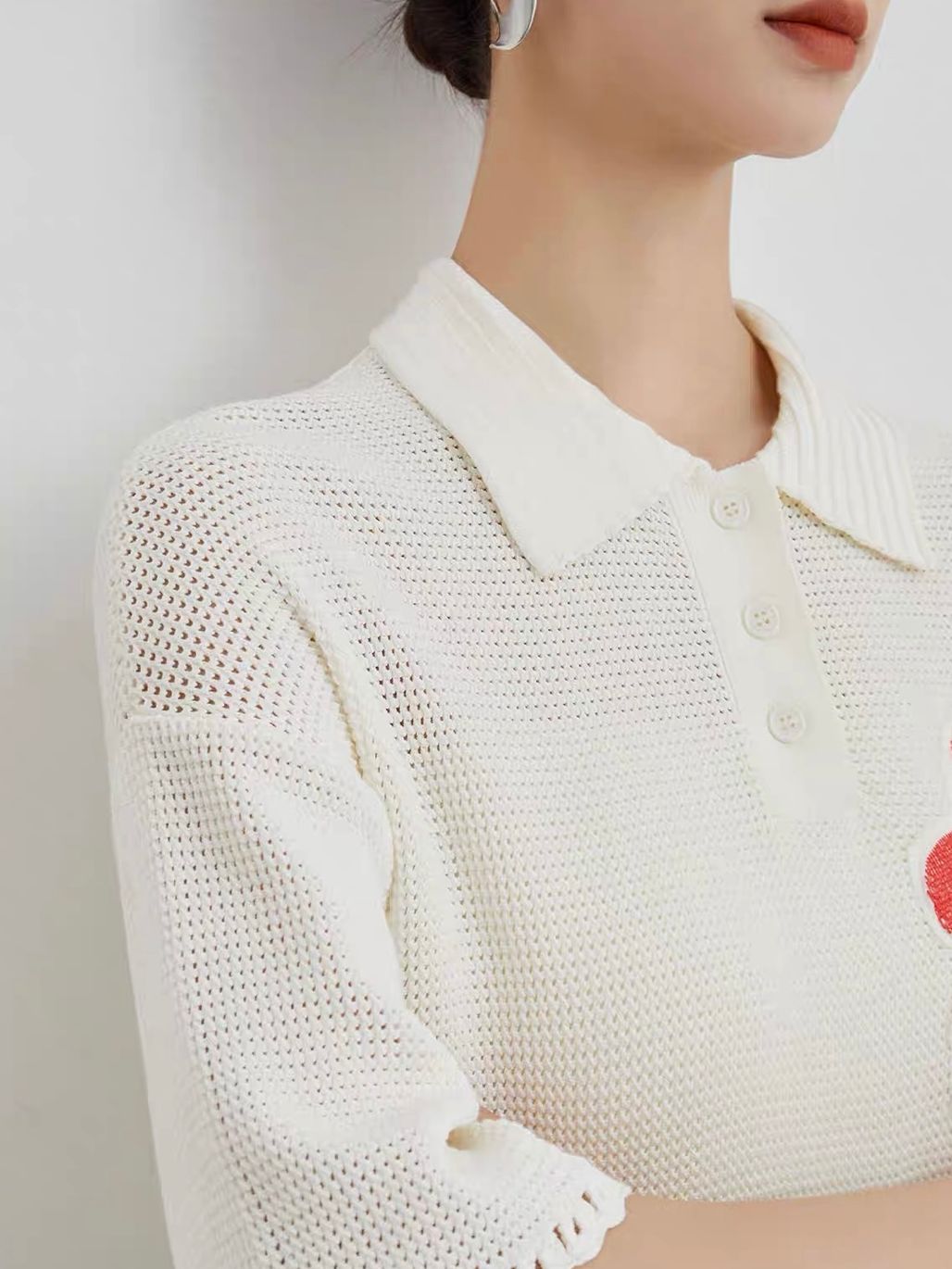 Ai Hua Floral Openwork Knit Polo Top