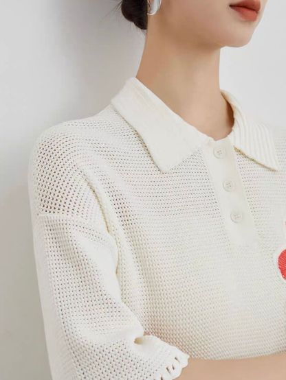 Ai Hua Floral Openwork Knit Polo Top