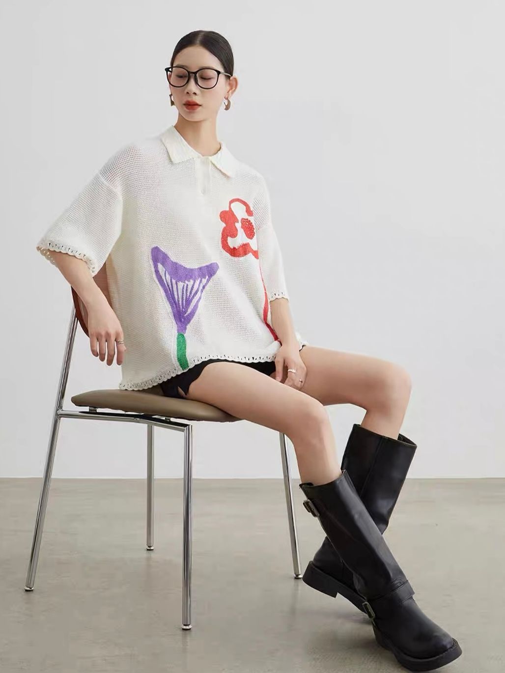 Ai Hua Floral Openwork Knit Polo Top