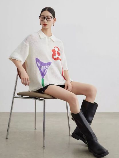 Ai Hua Floral Openwork Knit Polo Top