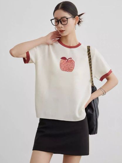 Ai Guo Apple-Motif Contrast-Trim Knit Tee