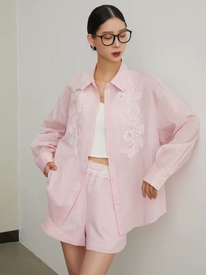 Ai Bo Floral-Embroidered Pinstripe Shirt & Shorts Set (Sold Seperately)